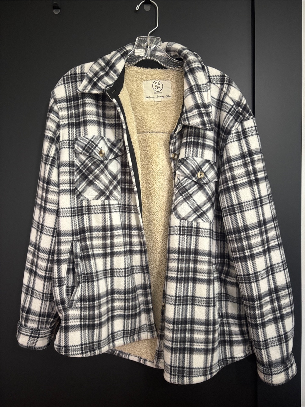 Black and White Plaid Sherpa Lined Shacket
